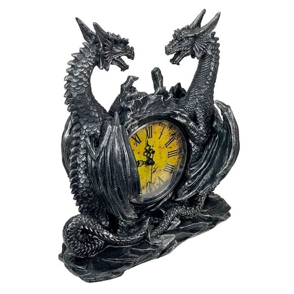 Twin Evil Dragons Antiqued Mantel Clock Table Desk - Picture 2 of 7